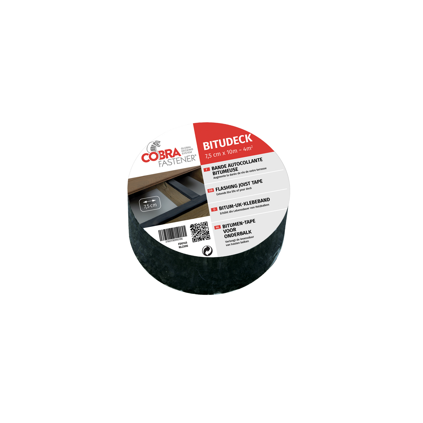 Rouleau de ruban bitumeux Bitudeck 7,5 cm x 10 m, étiquette multilingue visible, posé sur fond blanc.