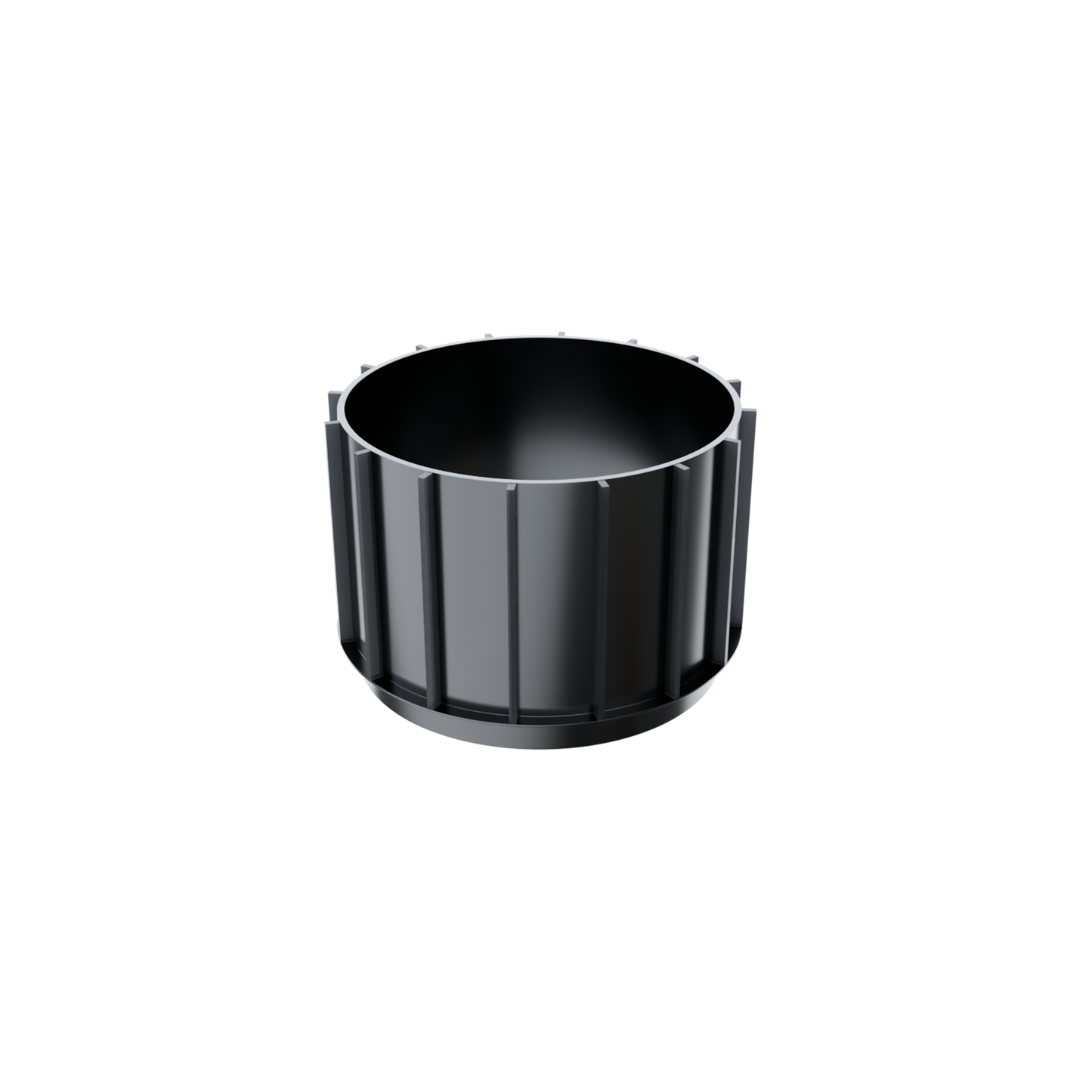 Plot NIVO Réhausse 60mm, capuchon plastique noir cylindrique à stries verticales, posé sur fond blanc uni.