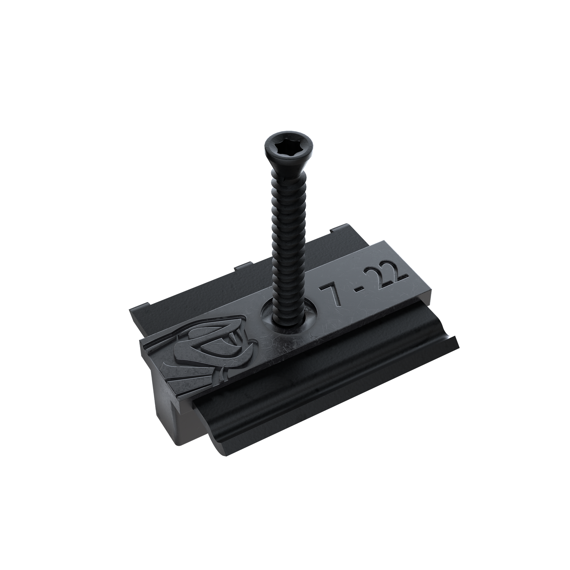 Clip métallique noir avec vis centrale, inscription 7-22 en relief sur le côté, posé sur fond blanc.