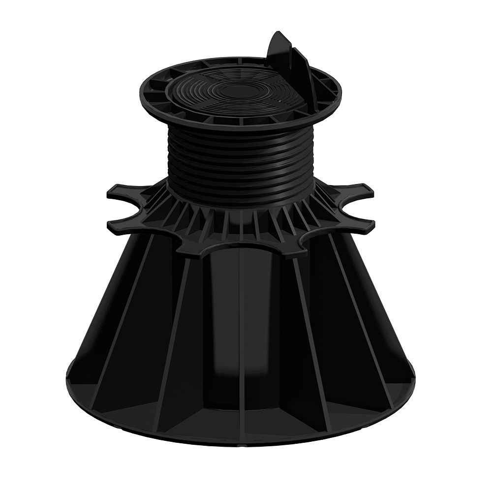 Plot noir réglable pour terrasse, base large et colonne filetée ; matériau plastique, diamètre env. 20 cm, usage construction extérieure. Référence non lisible.