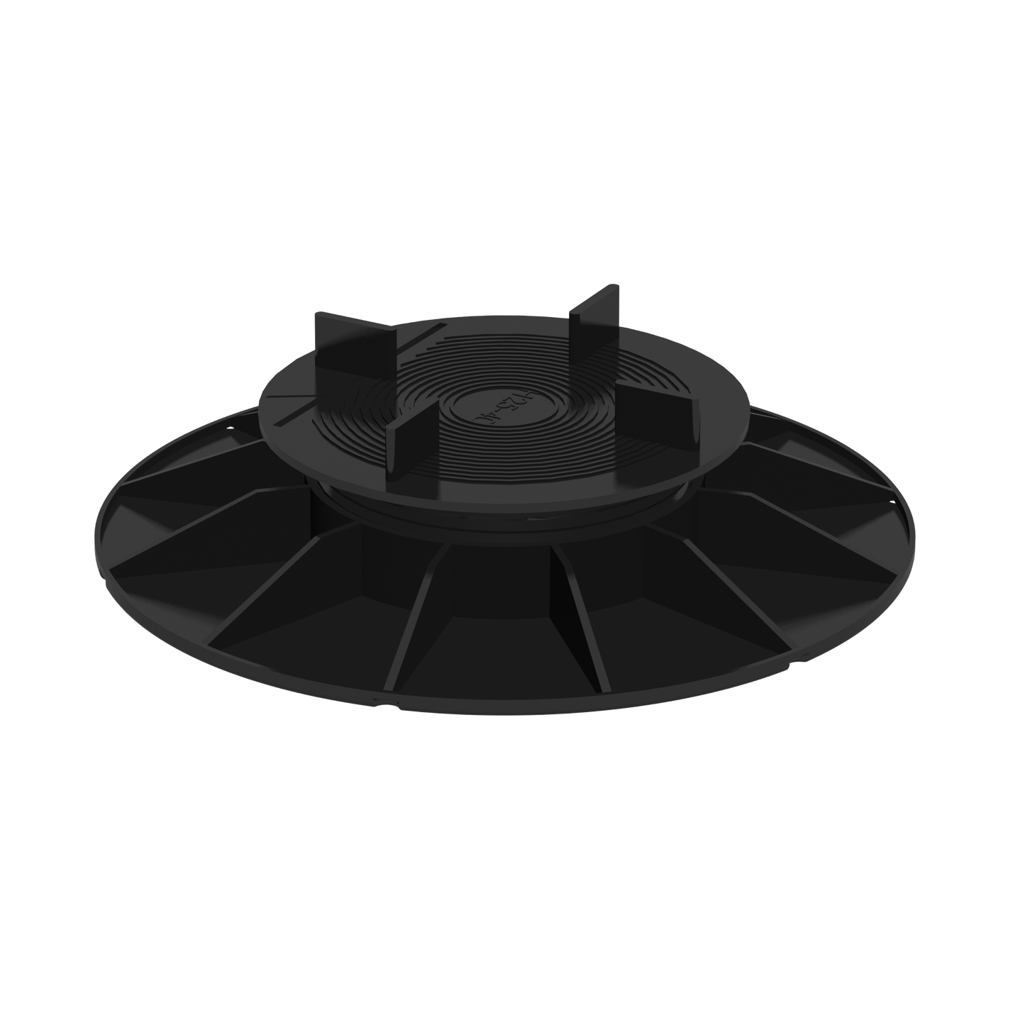 Plot réglable en plastique noir, base circulaire large, quatre ergots verticaux dessus ; compatible planchers surélevés. Aucun marquage apparent.